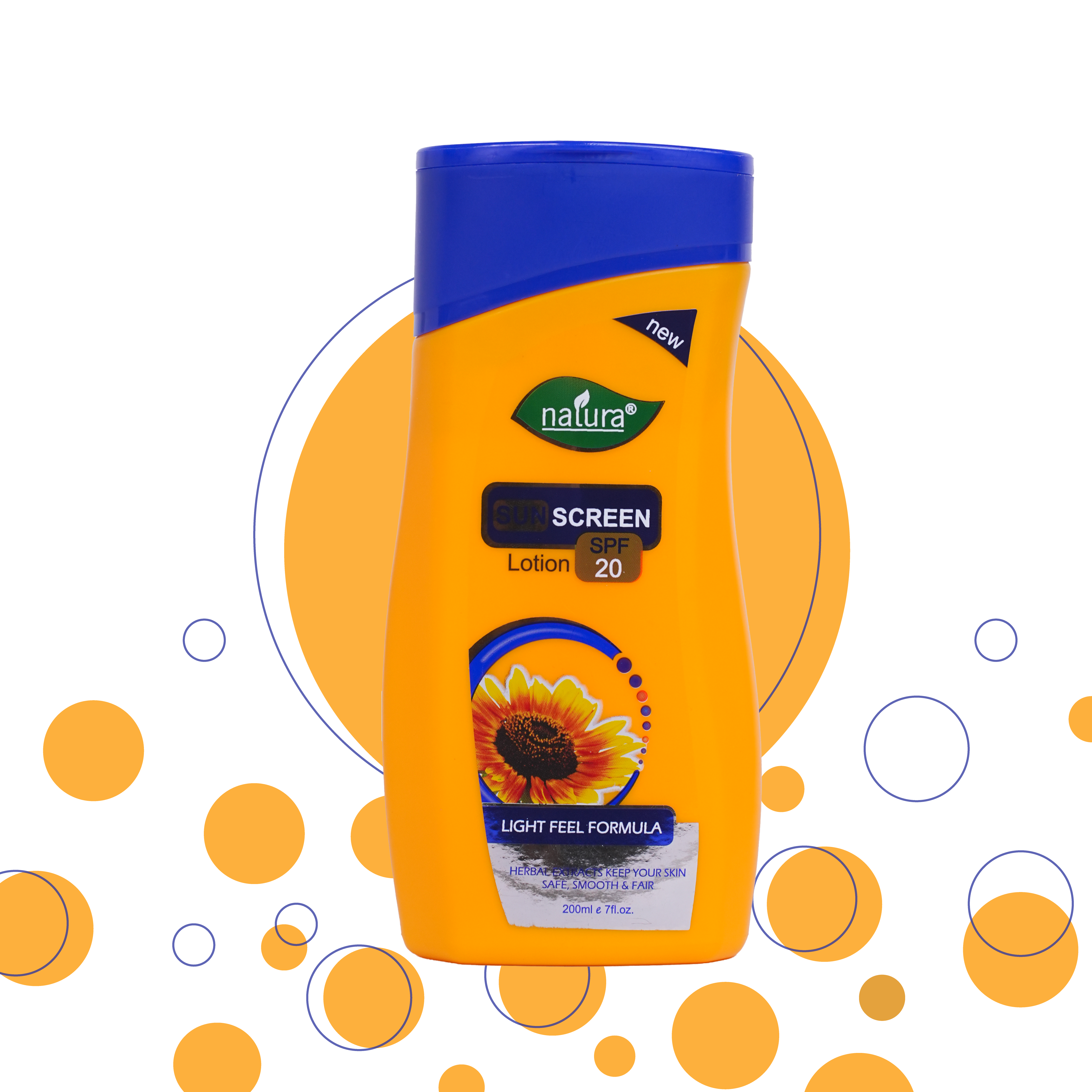 Natura sunscreen lotion bottle with sunflower design on a white background