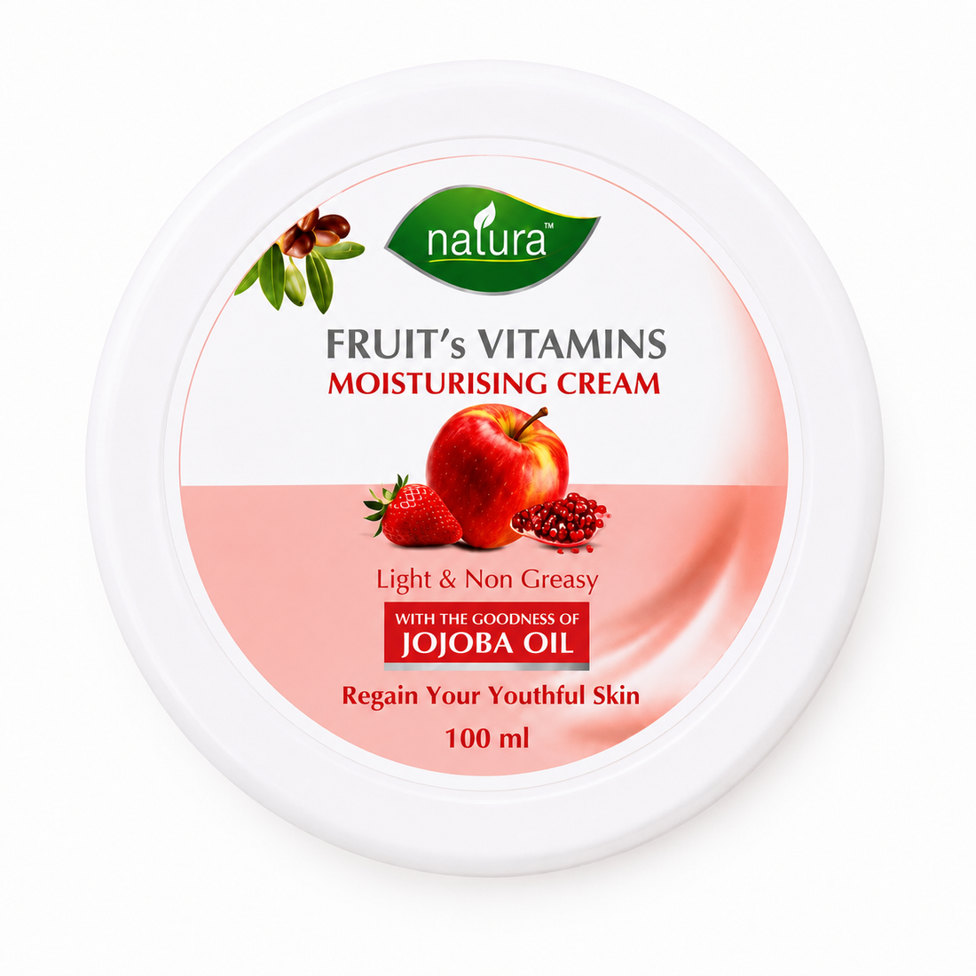 A jar of natura Fruit's Vitamins Moisturising Cream with its lid leaning against it on a white background. The jar is red with white cream visible inside, and the lid features a pink and white label with illustrations of strawberries and pomegranate.