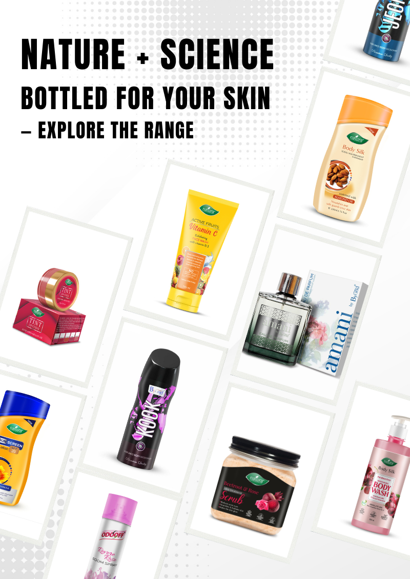 Collage of various Natura products with text 'Nature + Science Bottled for Your Skin' on a white background.